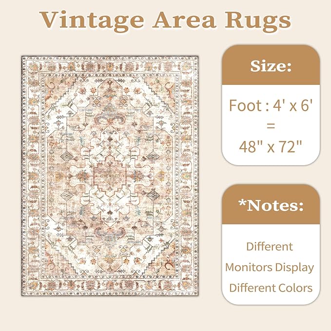 SERISSA 4x6 Boho Area Rug, Vintage Peach/Cream, Non-Slip, Machine Washable, Low-Pile, Rectangular