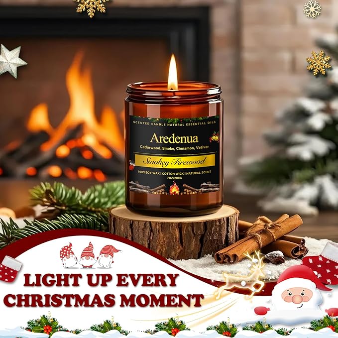 Firewood Scented Candles | Smokey Wooden Scented Candles - 7 oz Soy Candle with Warm Wood Smoke Aroma, Woody Scented Ideal for Cozy Cabin, Holiday Gifts for Men & Women