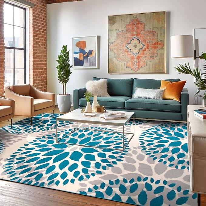 Rugshop Modern Floral Circles Design for Living Room,Bedroom,Home Office,Kitchen Non Shedding Area Rug 9' x 12' Blue