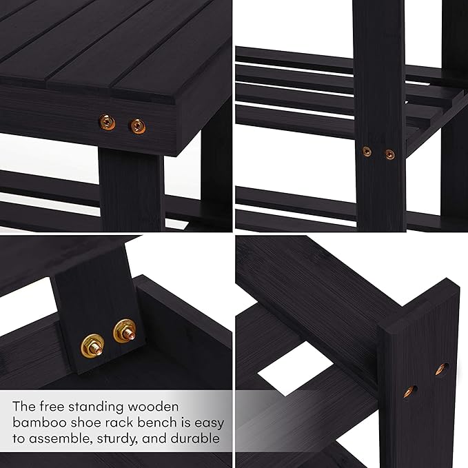 Homemaid Living Bamboo 3 Tier Shoe Rack Bench, Premium Shoe Organizer or Entryway Bench, Perfect for Shoe Cubby, Entry Bench, Bathroom Bench, Entryway Organizer, Hallway or Living Room(Black)