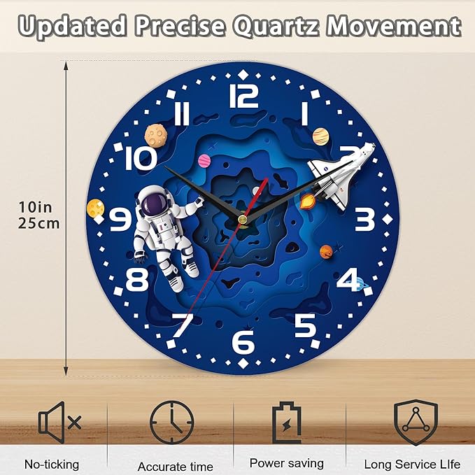 Space Travel Style Wall Clock Vintage Wooden Wall Clock Silent Non-Ticking Battery Operated Arabic Numerals Wall Clocks Decorative for Kitchen, Office, Classroom 10 Inch