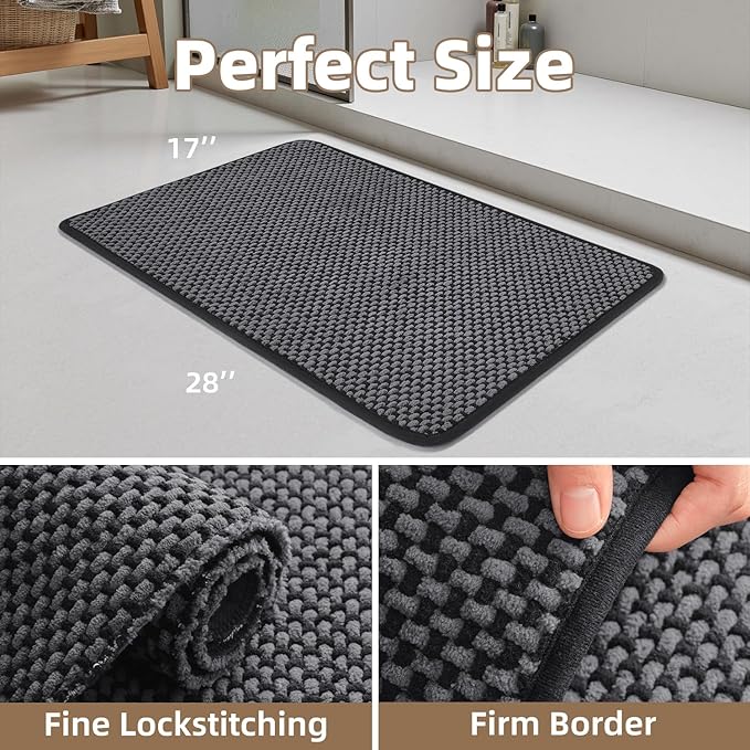 PADOOR-Bath Mat-Super Absorbent Chenille Bathroom Mats-Rubber Backed Bath Mats for Bathroom Non Slip, Easy Clean Bathroom Rugs Front of Bathtub,Shower Room,Sink-17×28, Darkgrey&Black