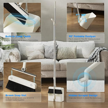 Magic Broom and Dustpan Set with Silicone Broom Squeegee, 55'' Broom with Dustpan Combo Set Self-Cleaning Teeth Design Upright Standing Dustpan for Indoor Floor Home Kitchen