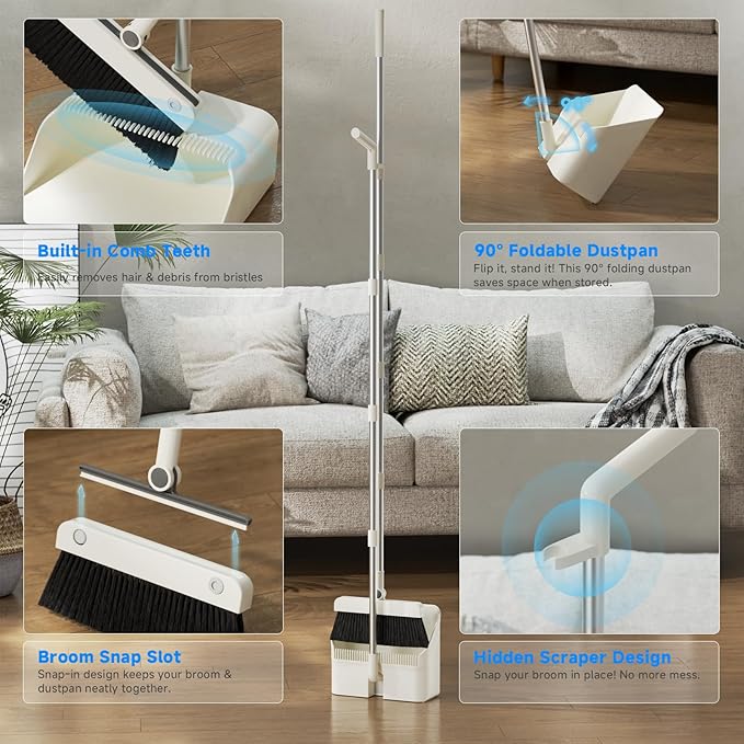 Magic Broom and Dustpan Set with Silicone Broom Squeegee, 55'' Broom with Dustpan Combo Set Self-Cleaning Teeth Design Upright Standing Dustpan with Blue Microfiber Cloth for Indoor Floor Home Kitchen
