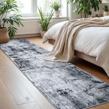KOZYFLY Modern Abstract Rug Runner for Hallway 2x8 Grey/Black Kitchen Runner Rug Non Skid Washable Carpet Runner Laundry Room Mat Soft Fluffy Low Pile Rug for Hallway Entryway Bathroom Bedroom