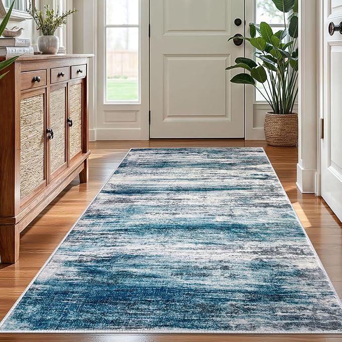KOZYFLY Washable Area Rug 5x7 Modern Ombre Living Room Thin Rug Non-Slip Soft Striped Rug for Bedroom, Print Blue Abstract Carpet for Laundry Kid Room