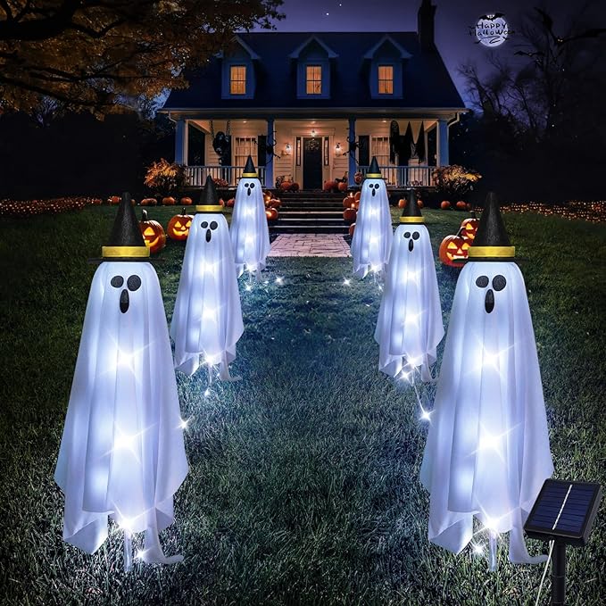 Halloween Decorations Solar Ghost Lights Outdoor, 6-Packs Solar Garden Spooky Decorations Lights, Light up Floating Scary Ghosts Decorations, Lights Yard, Pathway,Haunted House Party Decor