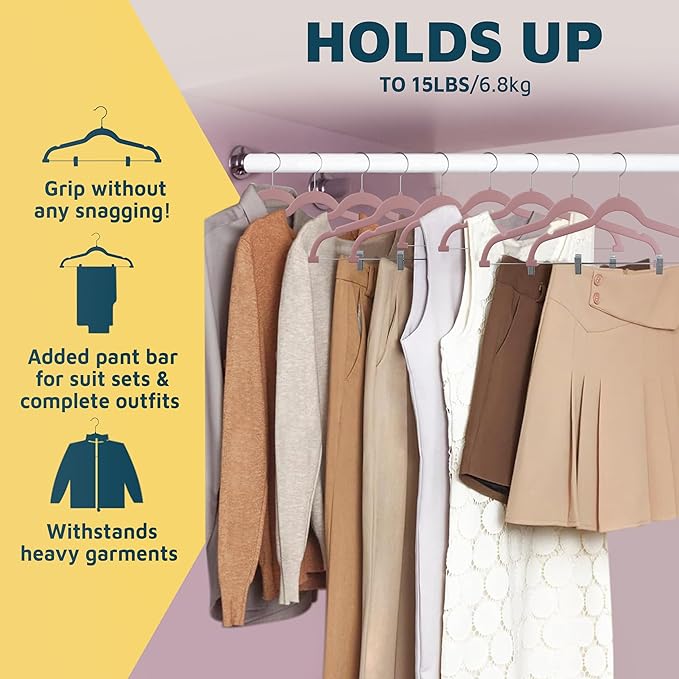 Velvet Pants Hangers – with Adjustable Clips, 360 Degree Swivel Hook, and Non-Slip Shoulder Notch, Holds Up to 10 lbs, for Organizing Skirt, Pants, Dress, and Clothes, Pack of 10, Pink
