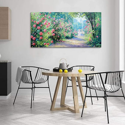CHATYOUNG Canvas Wall Art Living Room, Blooming Roses Manor Landscape Painting Monet Style Wall Art Pink Flowers Picture Ready to Hang Bedroom Bathroom Kitchen Home Decor Gifts for Women 24"X48"