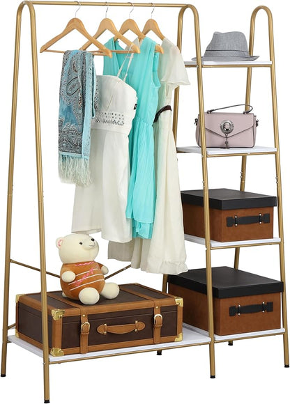 Finnhomy Clothes Rack, Clothing Rack for Hanging Clothes Heavy Duty Garment Rack with 5 Wood Shelves Freestanding Portable Closet Organizer for Bedroom/Entryway/Boutiques，Gold