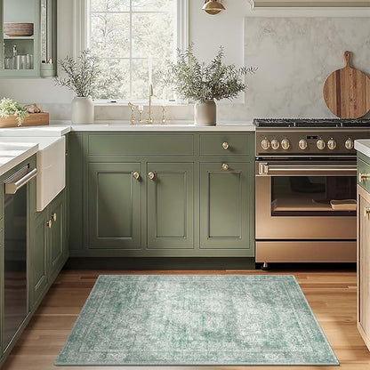 jinchan 3x5 Green Rugs for Entryway - Machine Washable Vintage Floral Ultra-Thin Low Pile Soft Throw Small Non-Slip Distressed Doormat Accent Rug for Entrance Bathroom Kitchen Bedroom (3'x5',Green)