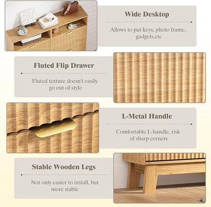 Shoe Cabinet Storage for Entryway with 4 Flip Drawers, Fluted Narrow Shoe Organizer with Wooden Legs & Top Cubby, Freestanding Slim Shoe Storage Hidden Shoe Rack for Front Door Entrance, Oak