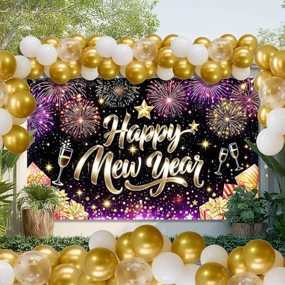 Happy New Year Backdrop Gold Glitter Champagne Glasses Fireworks Gift Boxes Banner 71x43 Inches Sparkling Black Background for 2026 New Year Eve Party Indoor Outdoor Decoration