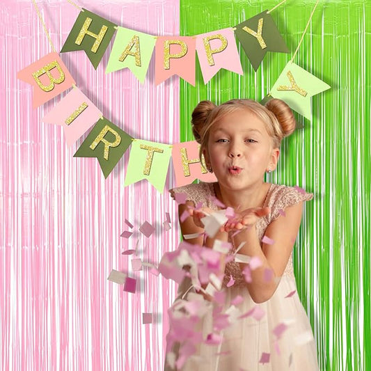 BRAVESHINE Party Streamers Backdrop - 2 Pack 3.2ft X 8.2ft Tinsel Foil Fringe Curtains for Christmas/Fairy/Girl/Birthdays/Wizard/Bridal Shower/Photos Booths/Pink and Green Party Decorations