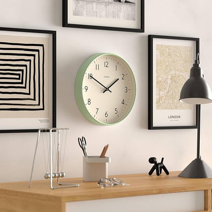 JONES CLOCKS® Studio Wall Clock | Modern Round Style | 12 inch | Neo Mint Green | Easy to Read Numbers | Versatile Design for Kitchen, Living Room or Office