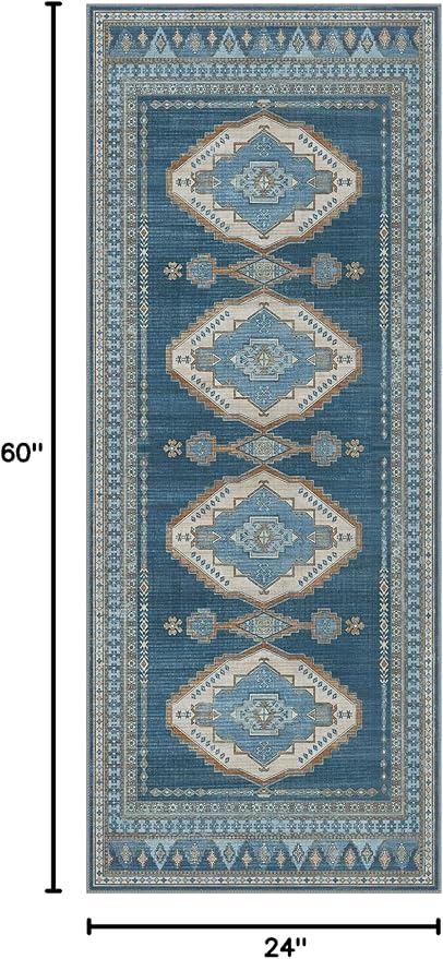 GENIMO 2x5 Washable Runner Rug for Hallway, Vintage Non Slip Low Pile Carpet, Soft Lightweight Printed Rug for Entryway, Kitchen, Corridor & Home Office, Navy/Brick