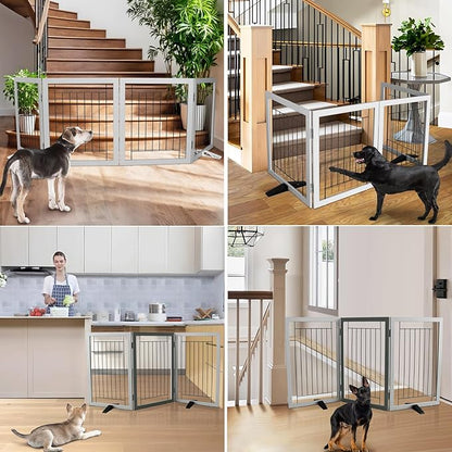 ZJSF Freestanding Dog Gate Indoor, Foldable Dog Fence for Doorways,Hallways or Stairs, Sturdy Wood Extra Wide Pet Gate with Support Feet,Grey,32 "Height-3 Panels