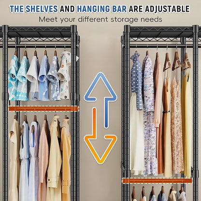 Raybee 88.2" W Clothes Rack Heavy Duty Clothing Racks for Hanging Clothes Portable Closet Loads 1200LBS Freestanding Garment Rack for Bedroom 88.2" W x 75.6" H x 15.7" D, Black