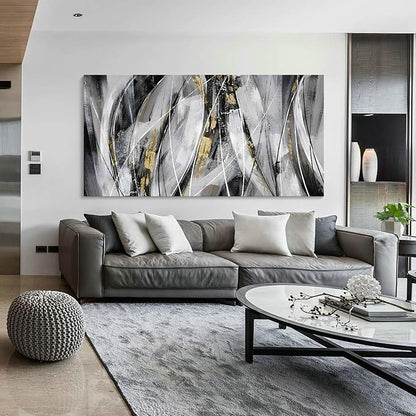 KLAKLA Black Wall Art for Living Room - Large Wall Decor Gold White Gray Abstracr Canvas Wall Art - Bedroom Art Painting Picture Artwork for Wall
