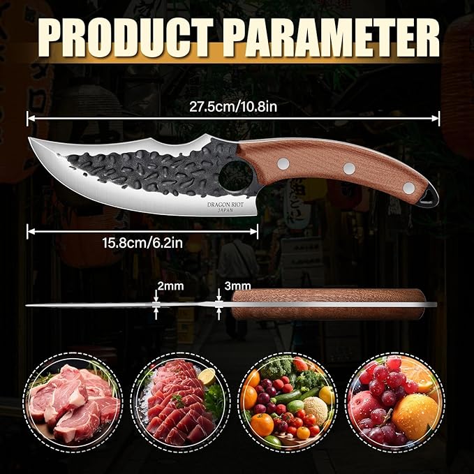 DRAGON RIOT Viking Knives for Meat Cutting, Forged Japanese Style Knife for Cooking - High Carbon and Full Tang - Must Have Knife for Kitchen and Outdoor Gift Idea for Men (Without Sheath)