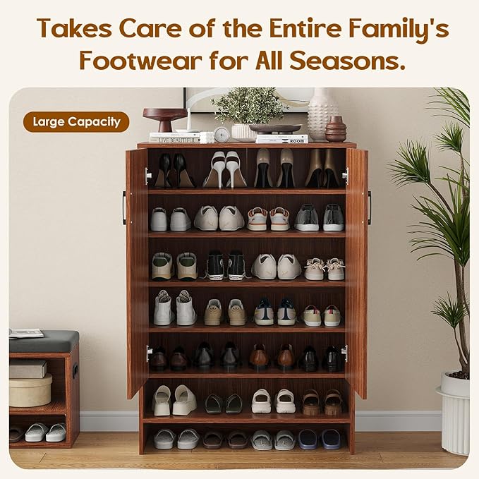 Soohow Shoe Cabinet with Doors, 7 Tier 28 Pairs Shoe Cabinet Storage for Entryway, Hidden Narrow Shoe Cabinets with Adjustable Shelves for Hallway, Living Room