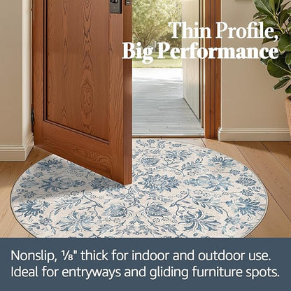 jinchan Classic Floral Round Rug 4ft, Vintage-Inspired Design 4’Circle Rug, Machine Washable Ultra-Thin Low-Pile Non-Slip Indoor Carpet for Bedroom Dining Room Living Room Entryway Dark Blue