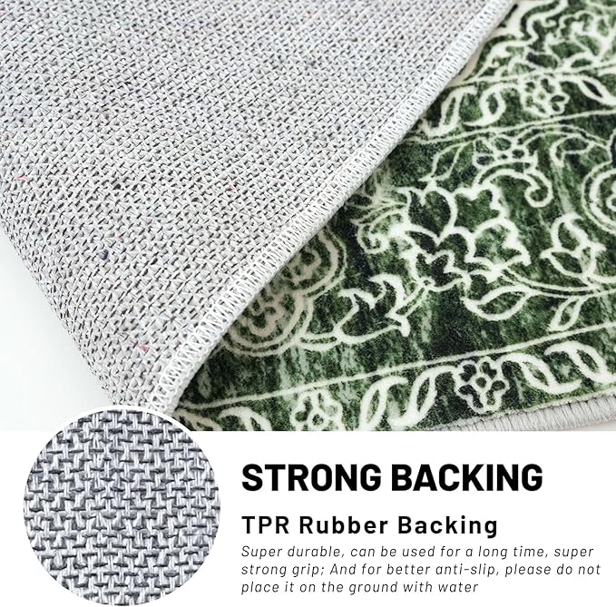 KUTA 3x5 Vintage Area Rug, Floral Kitchen Rugs Dark Green Washable Non-Slip, Ultra Soft Printed Distressed Medallion Entry Carpet Low-Pile Throw for Entrance Bedroom Living Room
