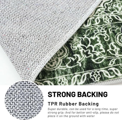 KUTA Runners for Hallways 2x6 Dark Green, Vintage Floral Rug Non-Slip Washable Kitchen Rugs Printed Retro Distressed Flower Carpet Entryway Rugs for Bedroom Laundry Nursery