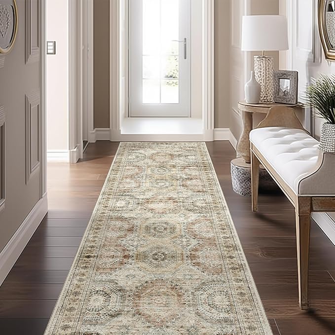 Washable Runner Rugs for Bedroom - 2x6 Runner Rug Non Slip, Ultra-Thin Entryway Runner, Soft Abstract Kitchen Runner for Hallway, Laundry, Bathroom, Indoor Door Mat(2'x6', Brown/Pink)