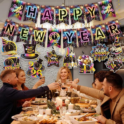 Colorful Happy New Year Banner & Hanging Swirls, Neon Themed 2026 Happy New Years Paper Banner Ceiling Swirl Streamers for New Years Eve Party Supplies