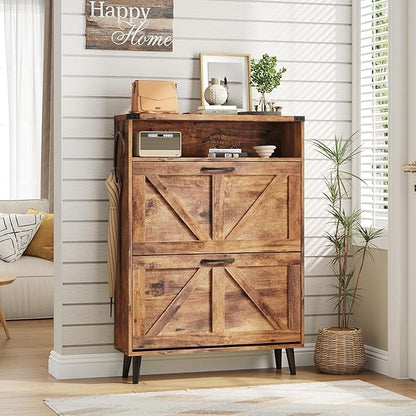 Vabches Shoe Storage Cabinet with 2 Flip Drawers,Freestanding Narrow Shoe Organizer with Open Storage,Hidden Slim Shoe Rack Cabinet for Entryway,Hallway,Brown