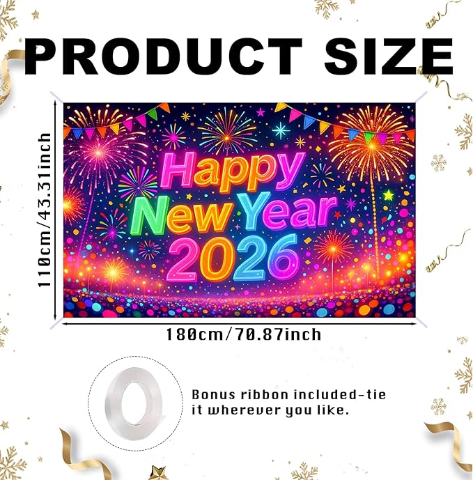 Nuxovilar Happy New Year 2026 Banner, Colorful Backdrop for Party Decorations, 71x43 Inch