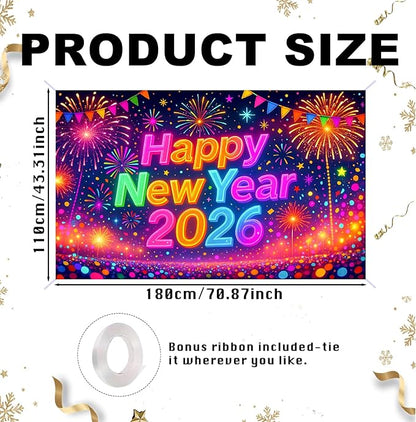 Nuxovilar Happy New Year 2026 Banner, Colorful Backdrop for Party Decorations, 71x43 Inch