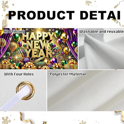 Nuxovilar Happy New Year Banner, Purple Drape Golden Ornaments Backdrop for Party Decorations, 71x43 Inch