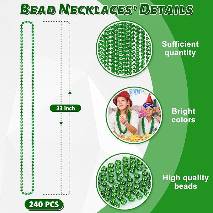 St Patricks Day Necklaces, 240PCS Green Beads Necklaces Decorations, 33" Saint Patricks Day Mardi Gras Xmas Necklace Party Favor, Green Mardi Gras Beads Bulk for Wedding Birthday Holiday Parade Throw