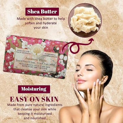 Wavertree & London Japanese Plum Scented Natural Soap (8 Bars), 7oz Moisturizing French Triple Milled Soap Bars enriched with shea butter - Pure Plant Oil Bath & Body Bars for All Skin Types