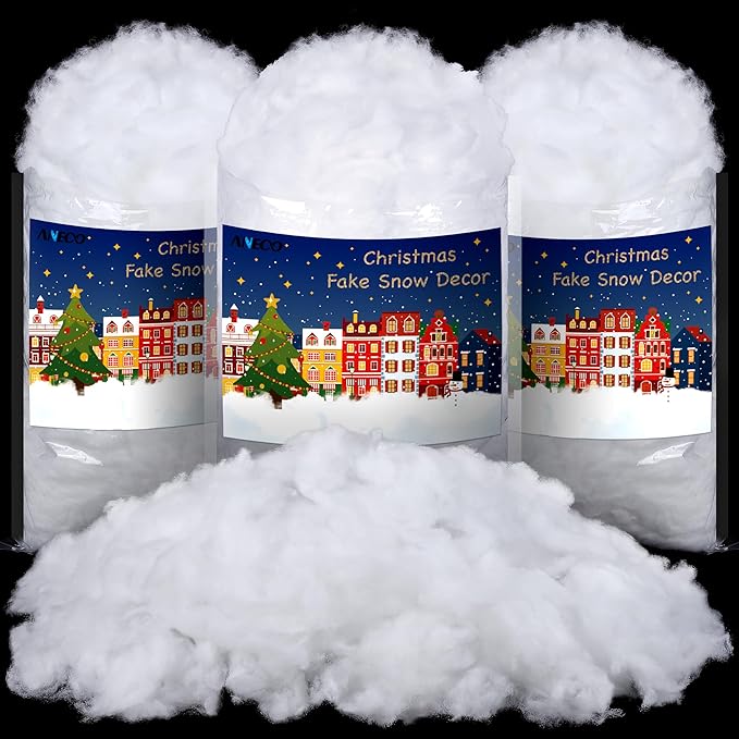 ANVAVO 36 Ounces Christmas Fake Snow Decor Indoor Outdoor Soft Fluffy Cotton Snow Artificial Snow for Christmas Village Crafts Christmas Tree, Nativity and Winter Display Decorations, 3 Bags