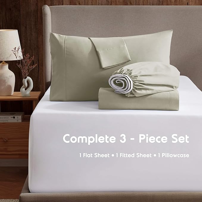 Nestl Twin Sheet Set - 1800 Ultra-Soft Microfiber Twin Bed Sheets - Double Brushed - Deep Pockets - Easy Fit - Extra Soft - 3 Piece Set - Bedding Sheets & Pillowcases (Twin, Light Green)
