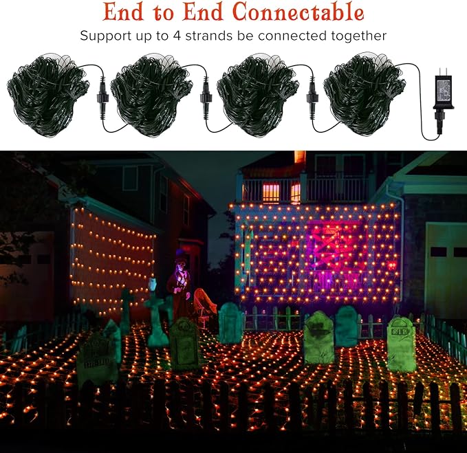 BlcTec Halloween Lights 200 LED 8.2ft x 4.9ft Orange Net Lights with 8 Modes, UL Certified, Timer, Connectable, Waterproof, Dark Green Wire for Trees, Bushes, Shrub, Lawn Halloween Decorations Outdoor