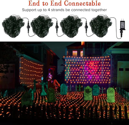 BlcTec Halloween Net Lights 360 LED 9.8ft x 6.6 Orange Halloween Lights with 8 Modes, Timer, Connectable, Waterproof & Dark Green Wire Design for Lawn, Porch, Shrub, Bushes Outdoor Holiday Decorations