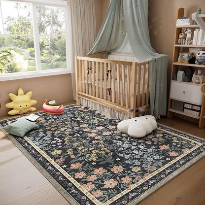 Washable Living Room Area Rug: 5x7 Rugs for Bedroom Vintage Stain Resistant Non Slip Low Pile Soft Lightweight Carpet Rug for Kitchen Dining Room Kids Room Nursery Living Room
