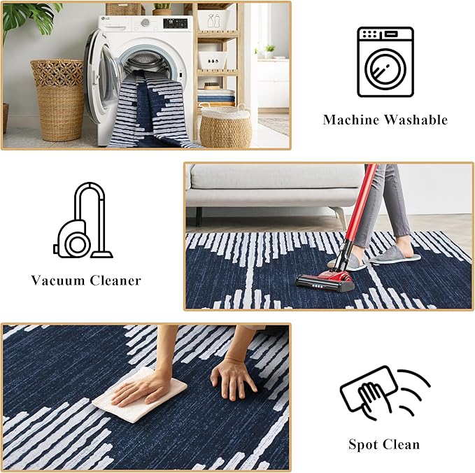HelloTree Hallway Runner Rug，2.6x8 Moroccan Modern Stripe Carpet Washable Machine Bathroom Runner Bohemian Design Modern Soft Non Slip Indoor Rug for Entryway Hallway Laundry Room Bedroom-Blue