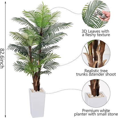 Artificial Palm Tree 7FT, Fake Tree with Realistic Fiber Trunks and White Tall Planter, Faux Tropical Areca Floor Plant in Pot, Artificial Silk Plant for Home Decor Office Decor Indoor