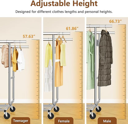 Hoctieon 2-Minute Assembly Double Rod Clothes Rack, Heavy Duty Rolling Clothing Racks with Wheels, Foldable Commercial Garment Rack, Extendable Hanging Bar, Adjustable Metal Pole with Hooks, Chrome