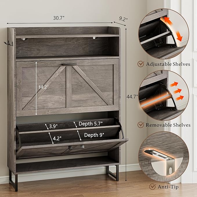 Shoe Cabinet with 2 Flip Drawers Narrow Shoe Storage Organizer Wooden Freestanding Rack Hidden Slim Shoes Storage Cabinet for Entryway, Hallway, Living Room, Bedroom (Grey)