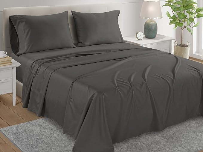 100% Cotton Sheets California King Size Sheets Set with Fitted Sheet & Pillowcase Sets, 800 TC Sateen Weave 4 PC Deep Pocket Cal King Sheet Set, Soft & Comfy Naturally Cool Luxury Bedding - Charcoal