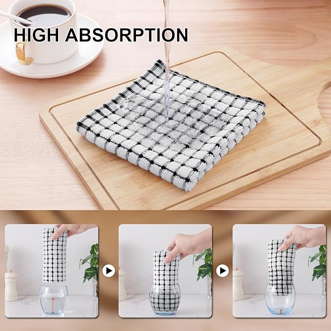 Kitinjoy Cotton 8 Pack Terry Kitchen Dish Cloths, 12 x 12 Inches Super Soft and Absorbent Dish Rags, Quick Drying Dish Towels for Washing Dishes, Black
