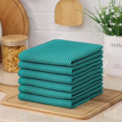Kitinjoy 100% Cotton Kitchen Dish Cloths, 6 Pack Waffle Weave Ultra Soft Absorbent Dish Towels for Drying Dishes Quick Drying Kitchen Towels Dish Rags, 12 X 12 Inches, Teal