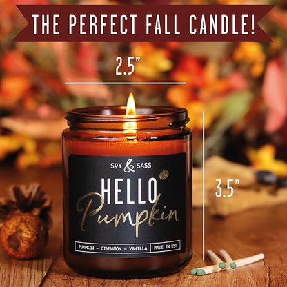 Pumpkin Spice Candle, Fall Candles - 'Hello Pumpkin' Pumpkin Candle I Infused w/Essential Oils I Autumn Scented Soy Candles for Home I Fall Home Décor I 9oz Reusable Jar, 50Hr Burn, Made in USA