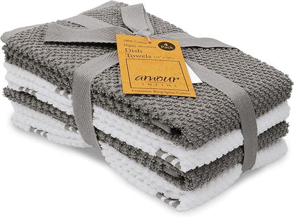 AMOUR INFINI Kitchen Towels Pack of 4 - Absorbent, Quick Drying Premium Cotton Tea Towel - Kitchen Linens 16x28 Inch Dish Towels with Hanging Loop (L.Grey)